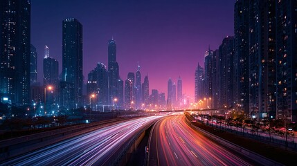 Fototapeta premium City skyline at night with blurred light trails from traffic on road.
