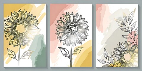 Three decorative vertical panels display outlined sunflowers with watercolor washes as background elements