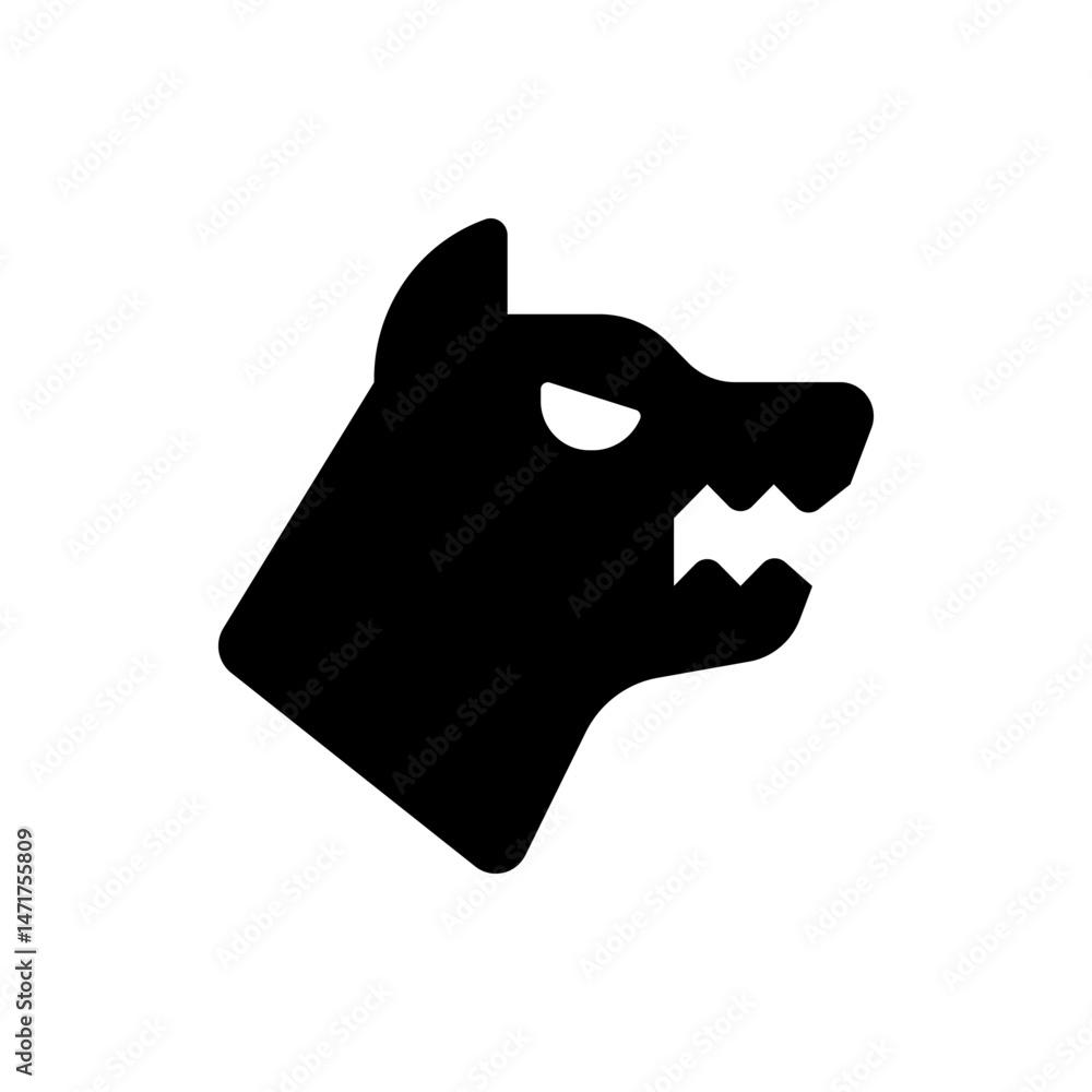 Poster silhouette of a wolf's head with sharp teeth and a stern expression in a simple graphic style