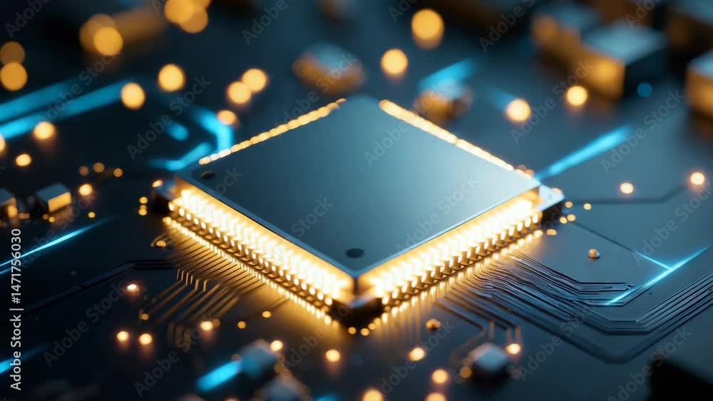 Poster digital technology featuring m2 processor chip, network, and computer cpu on dark motherboard animat