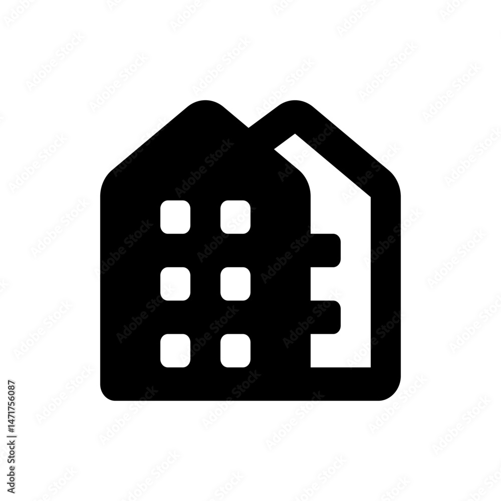 Poster illustration of a black building with rounded corners and six windows next to an open building shape
