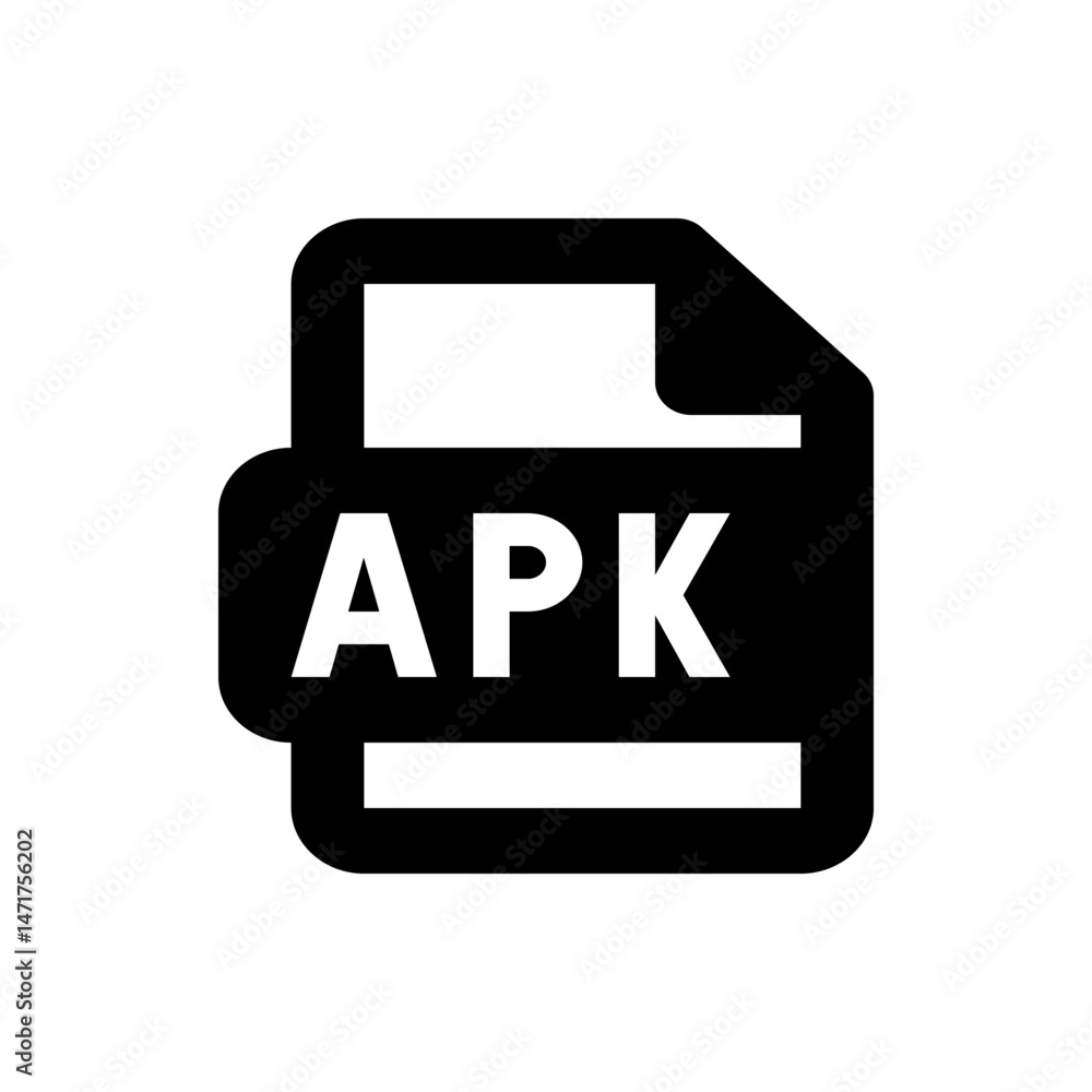 Poster illustration of a black file icon with the letters apk in white representing android application pac