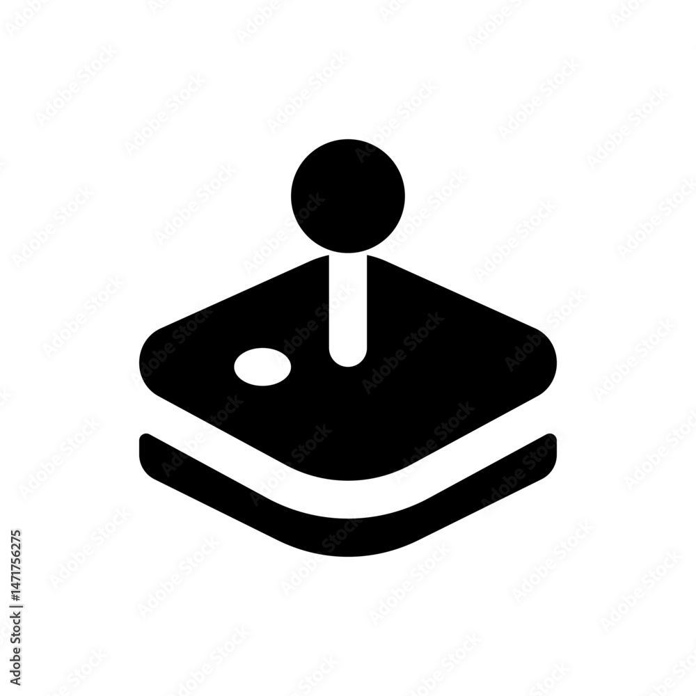 Poster illustration of a black joystick with a round handle and a button on a trapezoidal base platform
