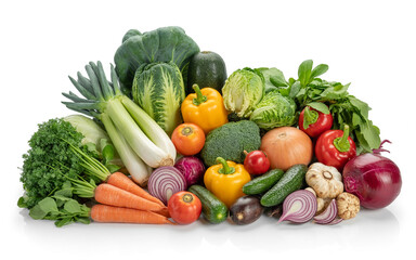 Vibrant collection of freshly harvested assorted vegetables displayed on a white background