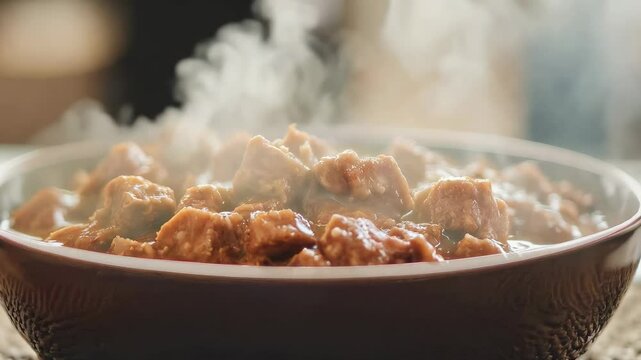 A bowl of steaming hot meat dish. Homemade food and hearty meal.