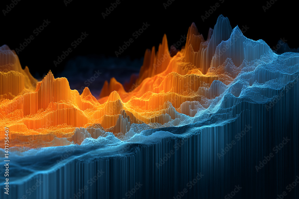 Poster Abstract 3D digital landscape with orange and blue textured peaks, creating a dynamic and modern visual, suitable for tech or design concepts