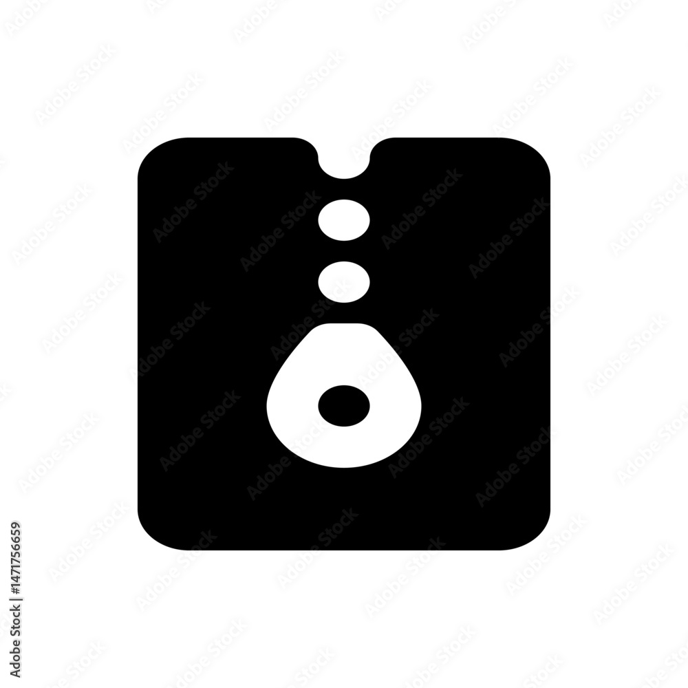 Poster illustration of a black rectangle containing two white circles and a teardrop shape with a circle in