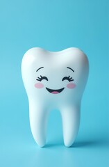 the figure of a tooth with eyes and mouth on a blue background. advertising of a dental clinic. medical concept.vertically