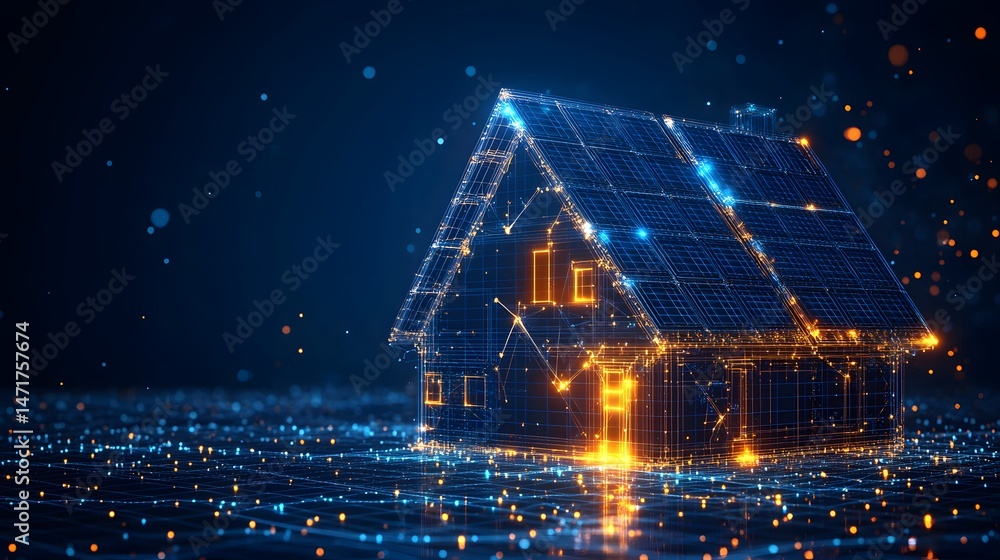 Aufkleber futuristic smart home design. glowing wireframe house on a digital grid, evokes connected technology