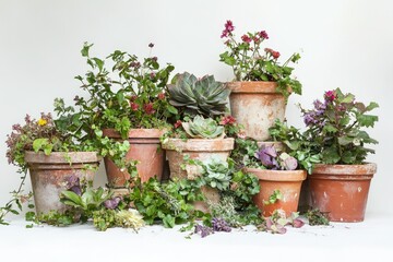 A collection of terracotta pots filled with various succulents, herbs, and flowering plants, creating a lush and vibrant display.