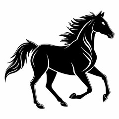 Obraz premium Dynamic Monochrome Minimalist Horse in Motion with Flowing Mane and Galloping Pose Icon Vector Illustration