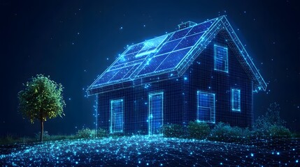 Futuristic home showcasing sustainable living. Solar panels gleam atop a wireframe house against a starry night. Digital landscape symbolizes innovation. Abstract dark blue wireframe