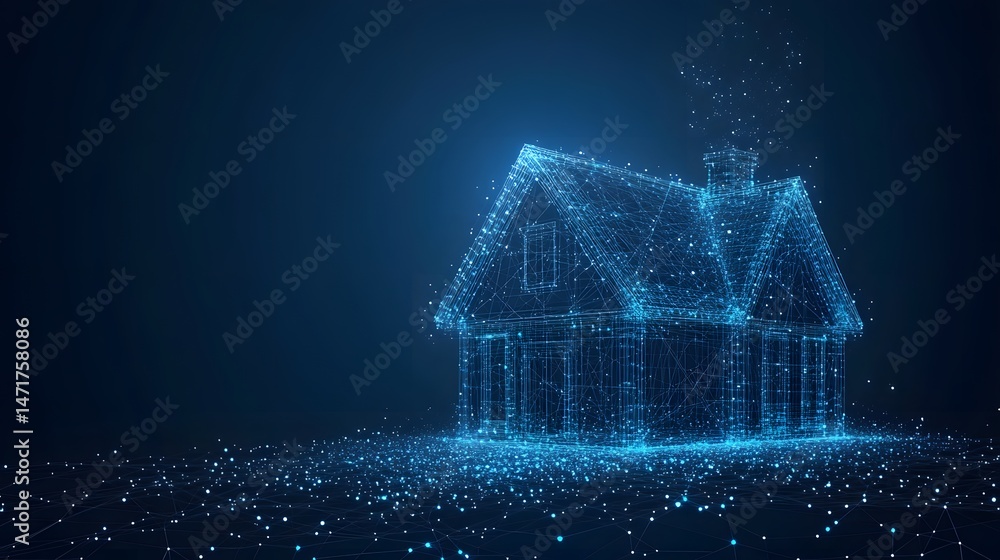 Aufkleber futuristic blue wireframe house design, glowing with digital energy. a technological blueprint of a 