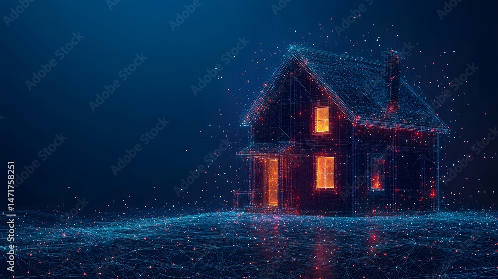 Poster modern digital house wireframe design. a tech-forward blueprint, glowing windows invite viewers. red