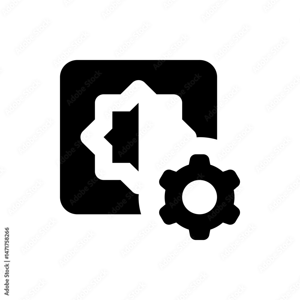 Poster black and white icon showing a rounded square with a star shape inside and a gear to the side of it
