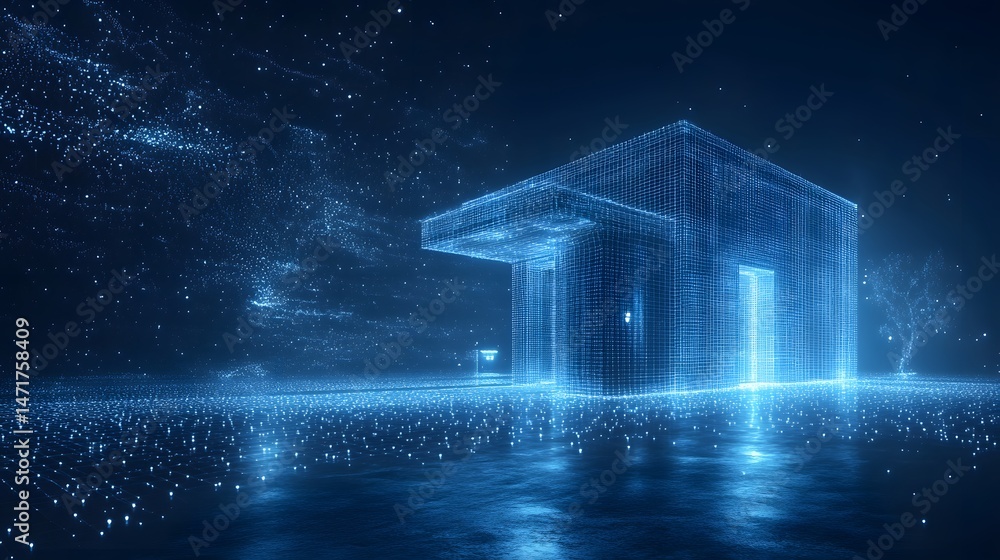 Aufkleber a futuristic blue cubical building glows on a grid surface,scattered with stardust. the dark backdro
