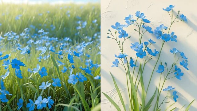 Many stems with tiny blue flowers and leaves grouped among grass and set apart against a background.
