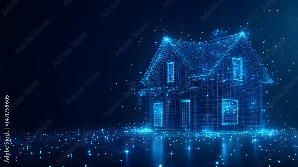 Aufkleber futuristic two-story house rendered in blue wireframe against a dark blue grid background. the ether