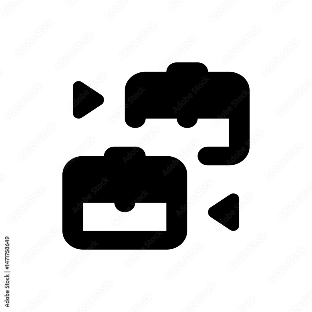 Poster illustration showing a briefcase with arrows pointing to a computer screen in a simple black design