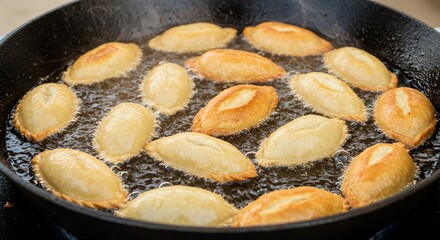 Empanadas frying in oil inside a pan
