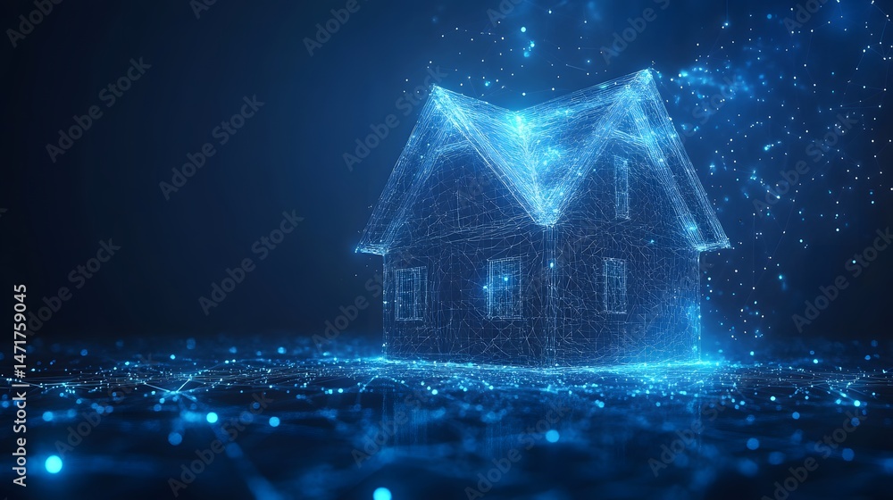 Fototapete Futuristic house rendered as a luminous blue wireframe on a connected node network. Represents modern architecture, data connectivity, and innovation. Ideal Abstract dark blue wireframe