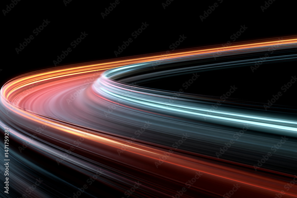 Poster abstract image of dynamic light streaks curving, creating a sense of speed and motion, suggesting te