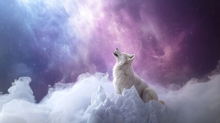 White Wolf on Ice Howling at Starry Nebula Sky wolf howling nebula sky ice white wolf arctic wolf ai