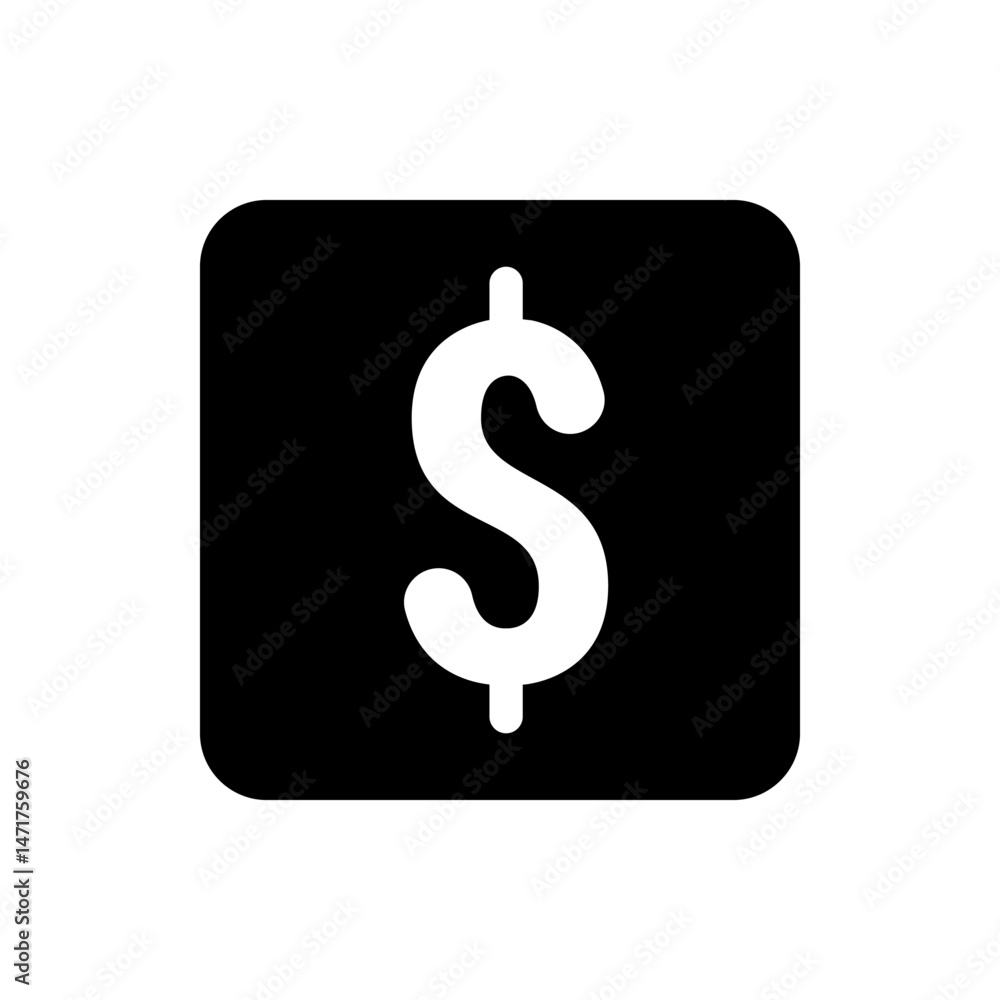 Poster white dollar sign icon centered on a black rounded square background representing finance and curren