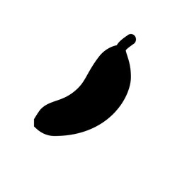 Silhouette of a single curved banana fruit with a stem end in black color against a white background