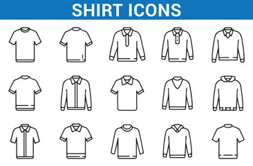 Collection of Clothing Icons, T-shirts, Shirts, Jackets, and Tank Tops, Fashion Sketches, Apparel Line Icons
