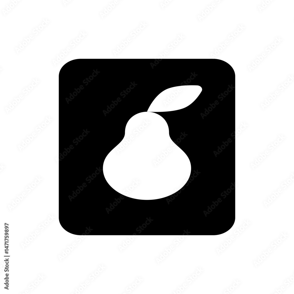 Poster illustration of a white pear with a single leaf set against a black rounded rectangle background sha