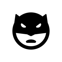 Illustration of a black bat like mask with pointy ears and angry eyes on a round face with a small mouth