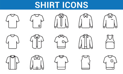 Collection of Clothing Icons, T-shirts, Shirts, Jackets, and Tank Tops, Fashion Sketches, Apparel Line Icons