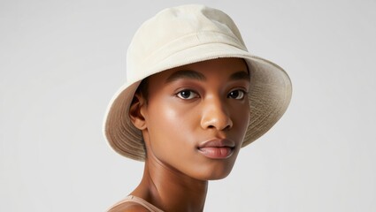 Stylish white corduroy bucket hat on model for fashion design and promotion
