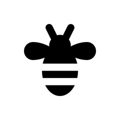 Illustration of a black bee with two antennae and wings and stripes on its body on a white background