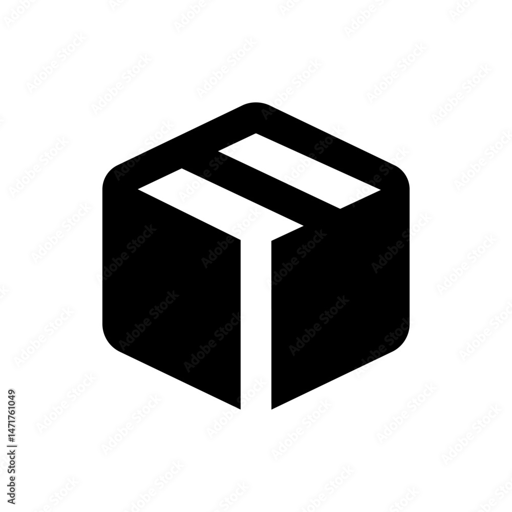 Poster illustration of a stylized black cube with rounded corners and a white design element on the front f