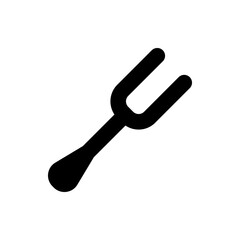 A simple black and white rendering of a two pronged fork utensil with a rounded handle design element
