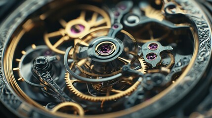 Intricate machinery: a detailed view of a complex watch mechanism with gold accents