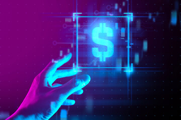 The hand of a businessman interactive touching a holographic image of a financial network,...