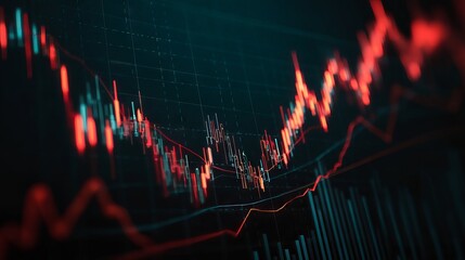 Abstract financial trading graph with candlestick chart, stock market data, and glowing forex indicators on digital blue background