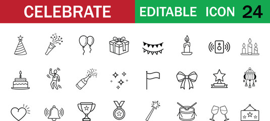 Set of 24 Editable Celebration Icons in Clean Line Style. Includes Balloons, Cake, Fireworks, Gifts, and Awards for Festive Designs. Perfect for Event, Party, or Holiday Projects.