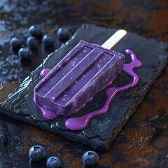 A single melting blueberry popsicle on a dark slate board, with vibrant blue drips trailing down.