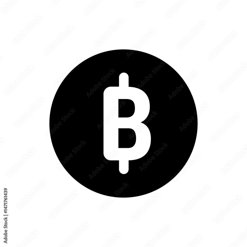 Poster white thai baht currency symbol centered within a solid black circle and a white background element 