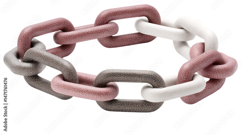 Poster interlocked chain links in various colors with textured surface against transparent background