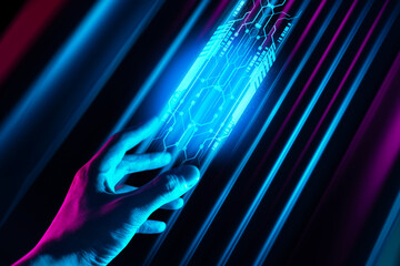 The hand of a businessman interactive touching a holographic image of a financial network,...