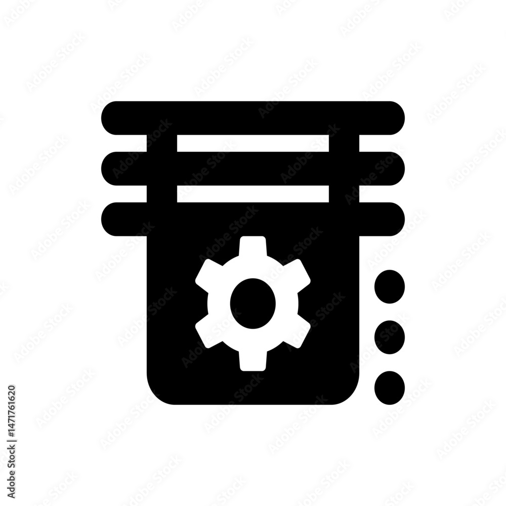 Poster black and white icon showing a database with a gear and three dots on the right side of the database