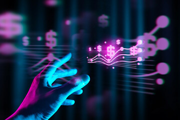 The hand of a businessman interactive touching a holographic image of a financial network, symbolizing the possession of technology artificial intelligence