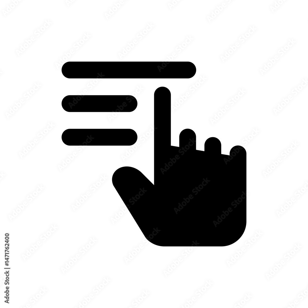 Poster hand touching or selecting a menu icon consisting of three horizontal lines in a black and white des