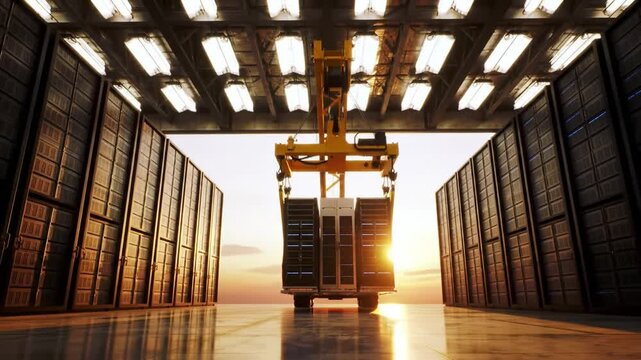 A robotic arm is unloading a stack of data servers inside a warehouse during sunset, showcasing advanced technology in server management and automation. The atmosphere highlights innovation.