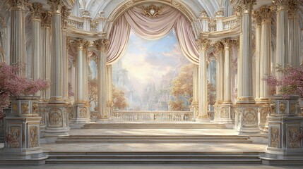Fototapeta premium Ornate interior space with columns, steps, and a painted backdrop.